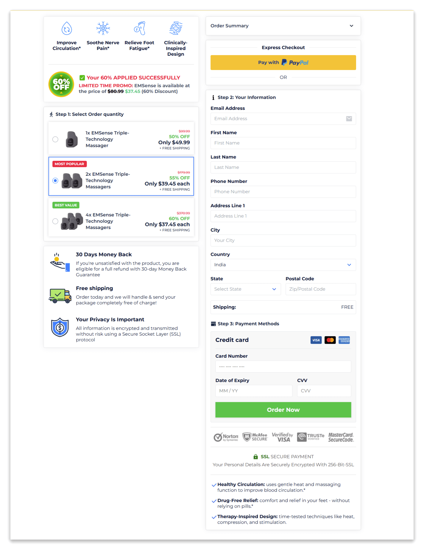 EMSense triple therapy massager checkout page